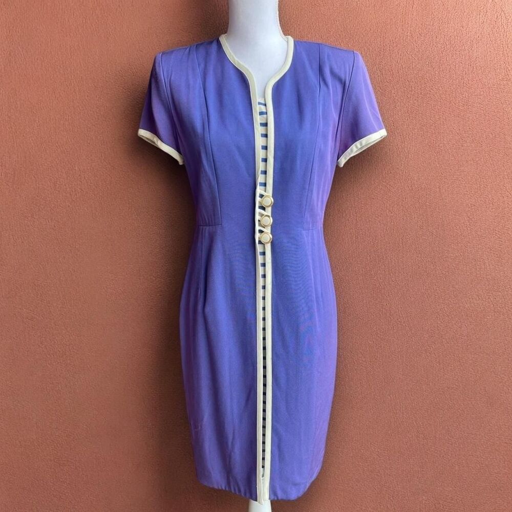 Vintage Office Siren Pin Up Purple Stripes and Buttons Mini Dress with Shoulder